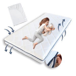 Kindermatratze AERO PLUS mit Ventilationsstreifen 10 cm hoch, Babymatratze 90 x 200 weiß mit Spannbettlaken