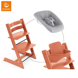Mega Tripp Trapp Set Hochstuhl Buche Terracotta inkl. Newborn Set Grey und Baby Set Terracotta